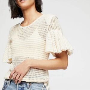 Free People Cream Crochet Knit Ruffle Sleeve Top